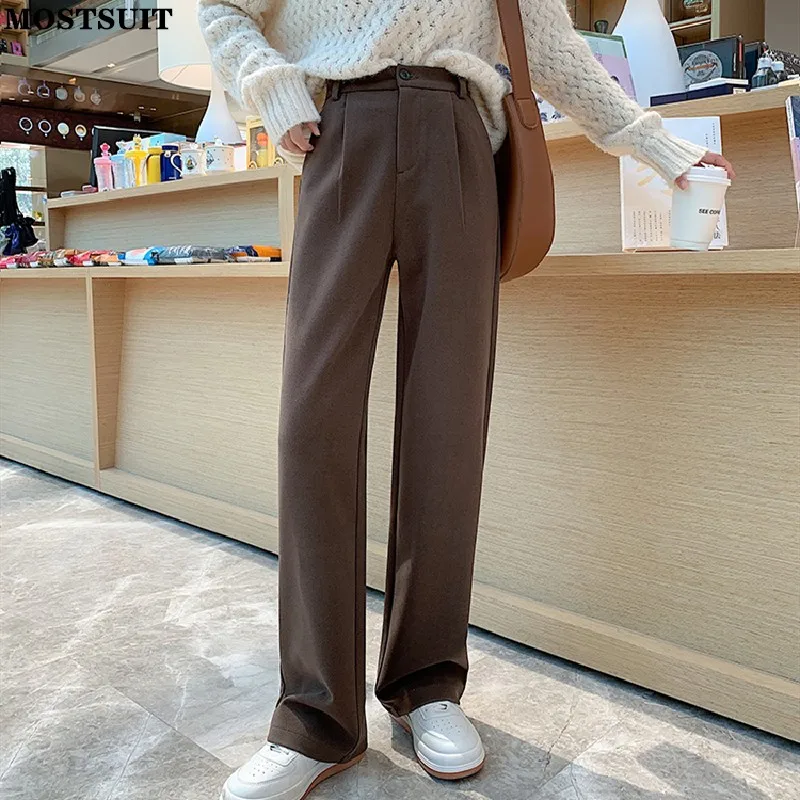 

2021 зимние шерстяные теплые широкие брюки, брюки, женские прямые длинные брюки с высокой талией, однотонные Модные свободные женские брюки