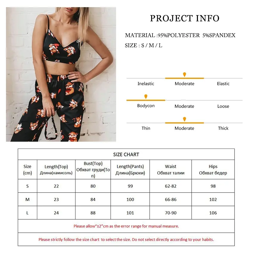 

Spaghetti Strap Fox Pajamas Print Summer Two Piece Set Top And Pants Sleepwear Satin Women V Neck Sexy Nightwear Pattern