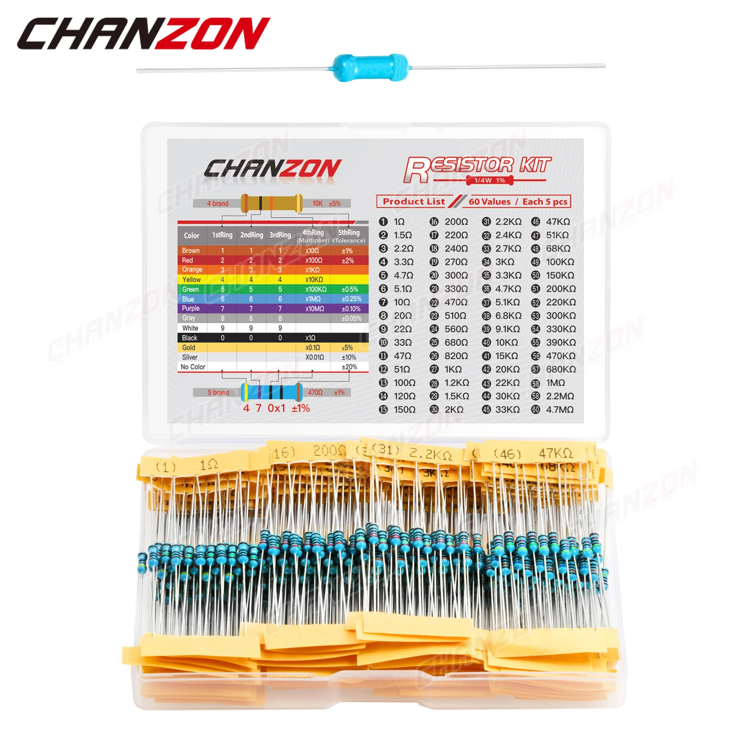 300 шт./упак. 60 значений 1/4 Вт комплект металлических пленочных резисторов 1 10 220 330 470