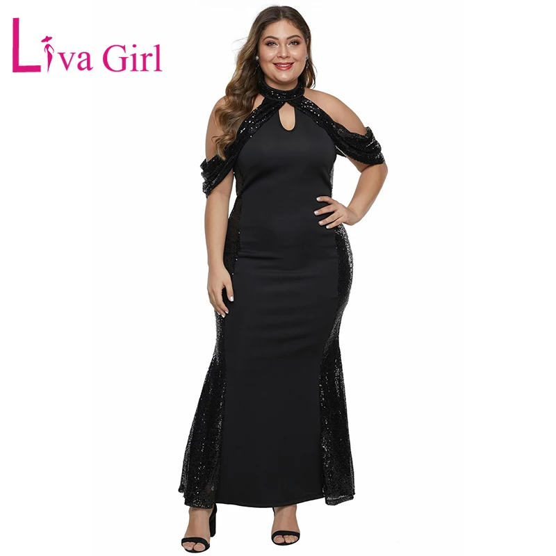 Платье женское длинное черное с блестками и высоким воротом размеры до 5XL |