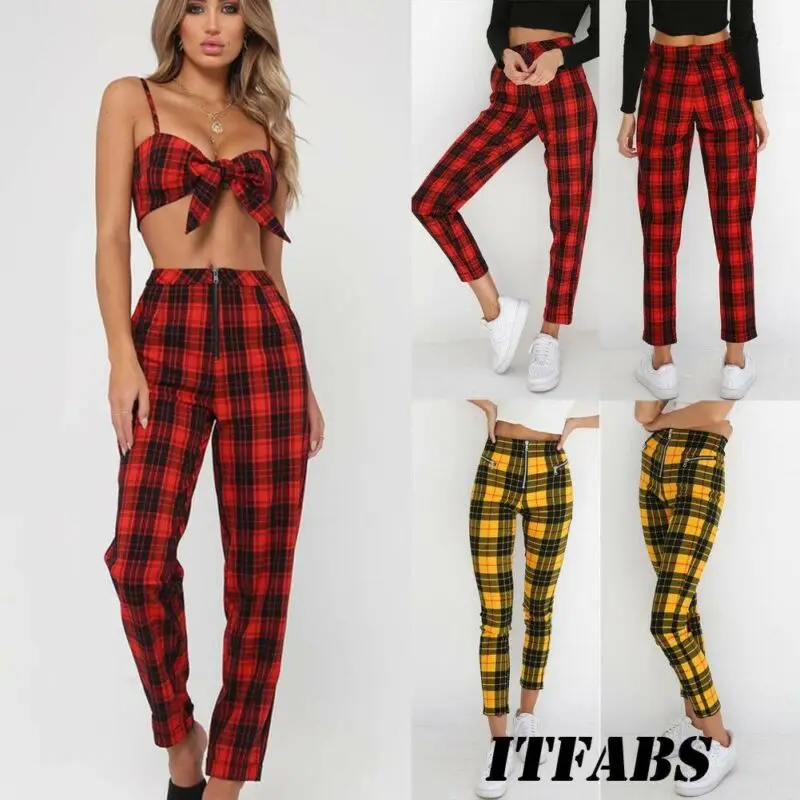 2019 модные брендовые новые женские клетчатые брюки с высокой талией Женские