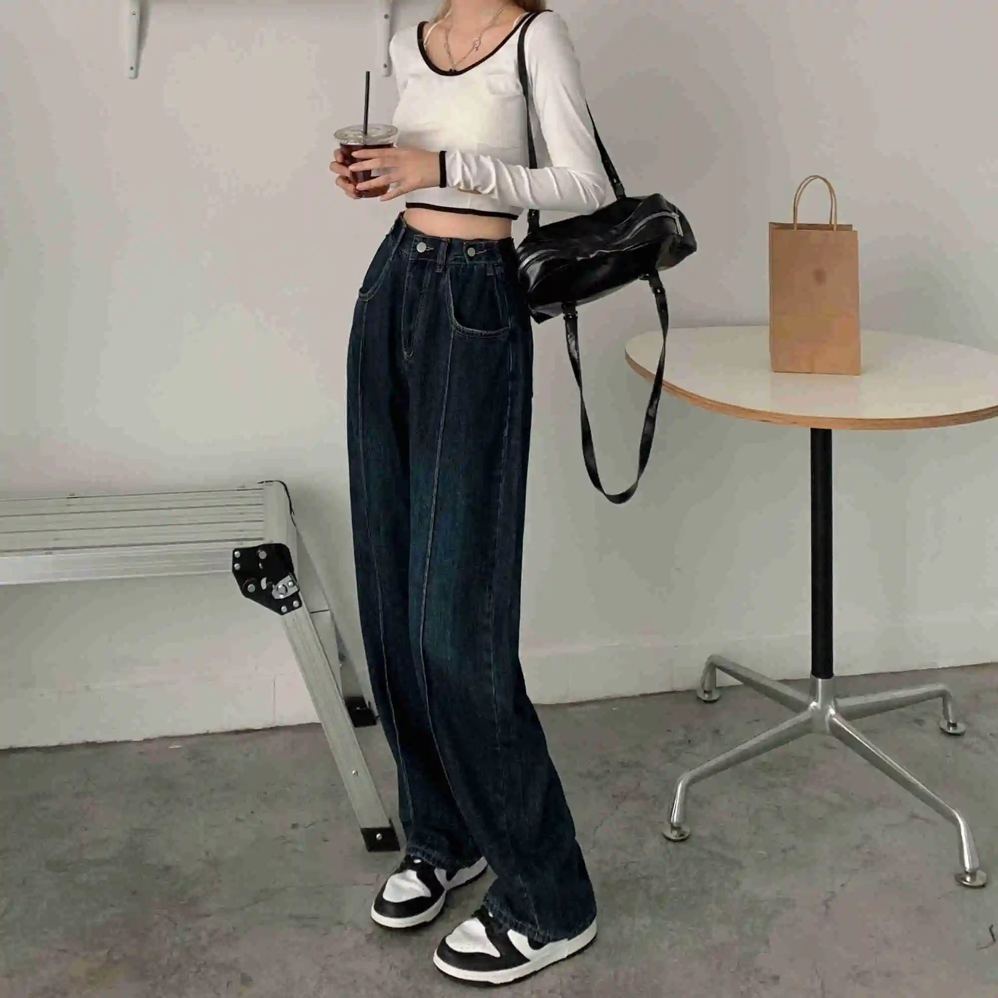 Джинсы женские с широкими штанинами дизайнерские универсальные прямые брюки