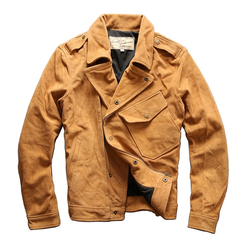 

2021 Genuine Men Turn-Down Collar Motorcycle Jacket Casual Cow Suede Vintage Slim Fit Real Leather Coat