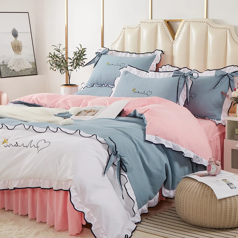 

Princess Style Embroidery Bowknot Bedding Set Mixed Color Four Pices M39