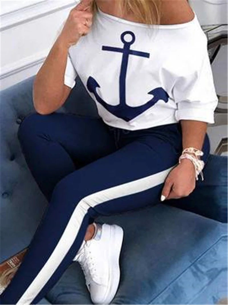 

Women's Two Piece Short Sleeve T-shirt Navy Sports Suit Anchor Pprint Two Piece Set