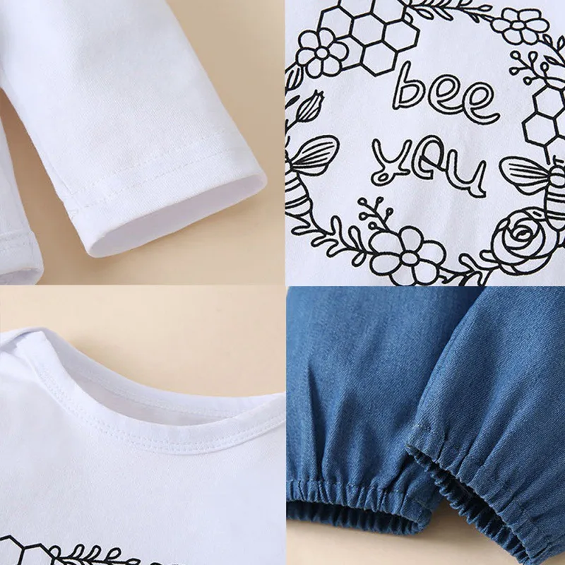 

Spring/Autumn Cute Baby Girl Cotton Sets Long Sleeve Letter Garland Print Romper Tops+Solid Color Trousers+Headband Outfits