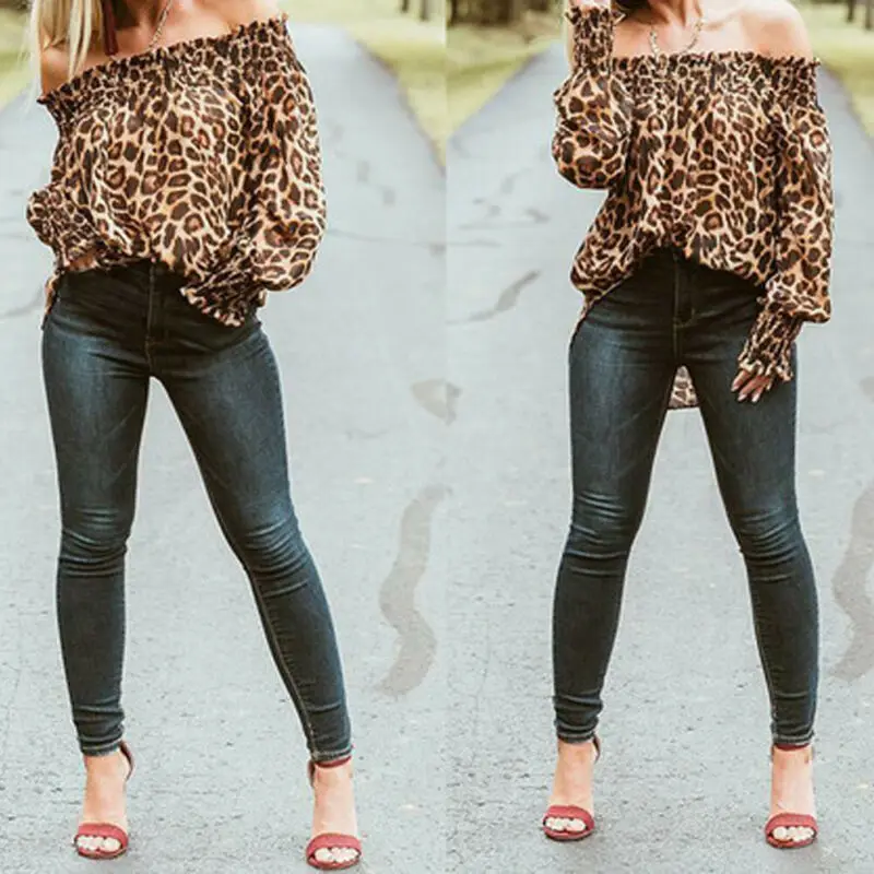 Hirigin Women's Off Shoulder Leopard Top - Long Sleeve Blouse for High Street Wear image 3