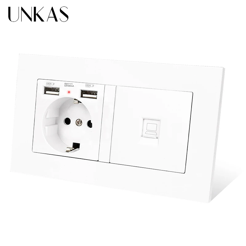 UNKAS ПК Пластик Панель настенная розетка стандарта ЕС 2 USB зарядка Порты и разъёмы