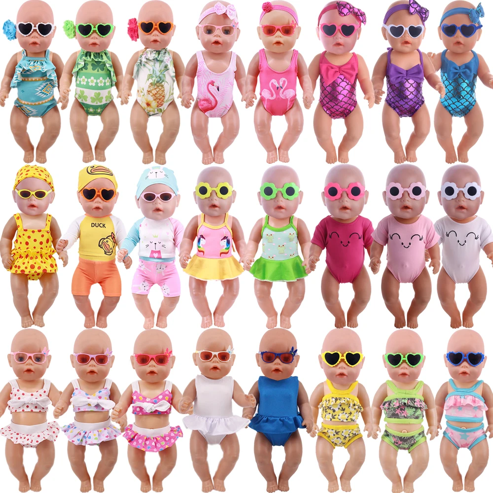2Pcs/Set=Flamingo Swimsuit +Bunny Ear Sunglasses  For 18 Inch Girl Doll Gift 43 Cm Born Baby Doll Clothes Accessories Items Toys
