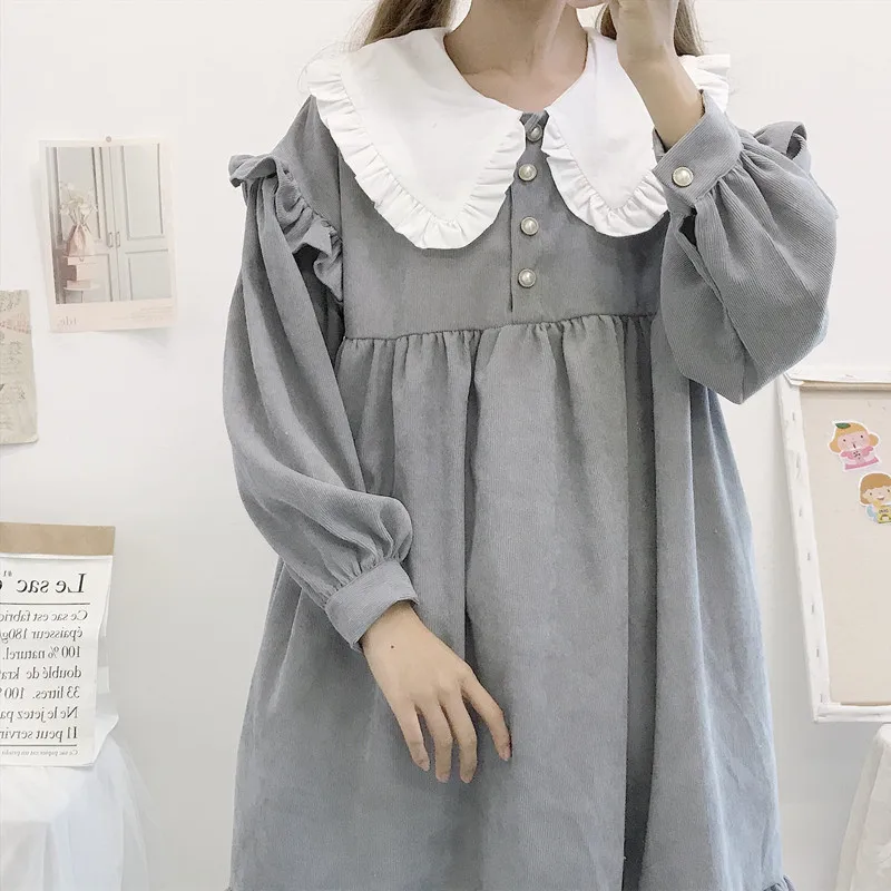 Осенне-зимнее Повседневное платье в стиле Лолиты Kawaii, новое японское милое ретро платье с кукольным воротником, свободное плиссированное платье с длинными рукавами