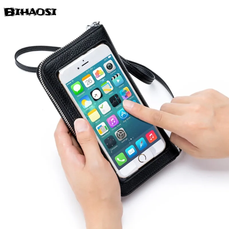 Women's Leather Bag Mobile Phone Bag Touch Screen Anti-theft Brush New Transparent Mobile Phone Mini Small Bag Long Wallet