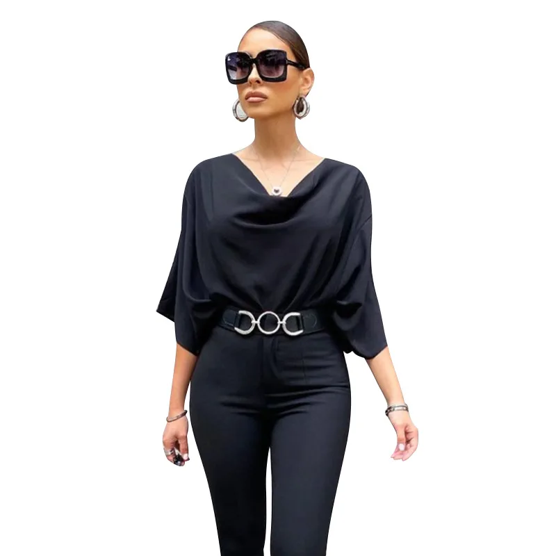 

Fashion Women's Blouse Summer Casual Hot Sale V-neck Pullover Solid Color Bat Shirt Drape Three-quarter Sleeve Blouse Donsignet