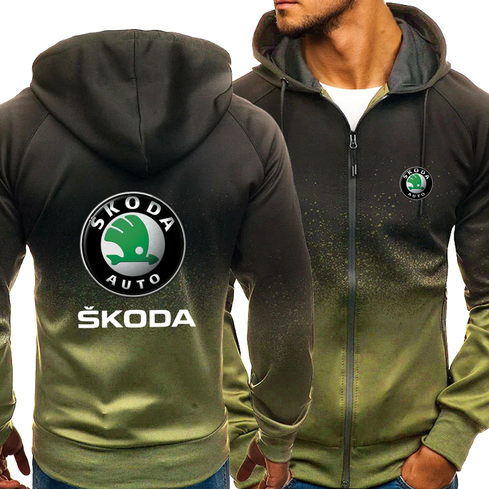

Spring Hoodies Men Skoda Logo Casual Harajuku Gradient Color Hooded Fleece Sweatshirts Zipper Jacket Male Clothing