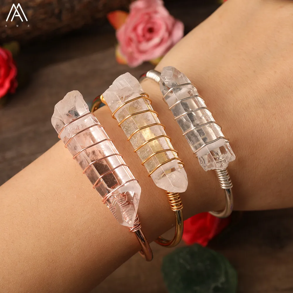 

High End Natural Quartz Beads Bracelets Jewelry Women Smooth White Quartz Irregular Point Beads Open Cuff Bangle Bracelet Gift