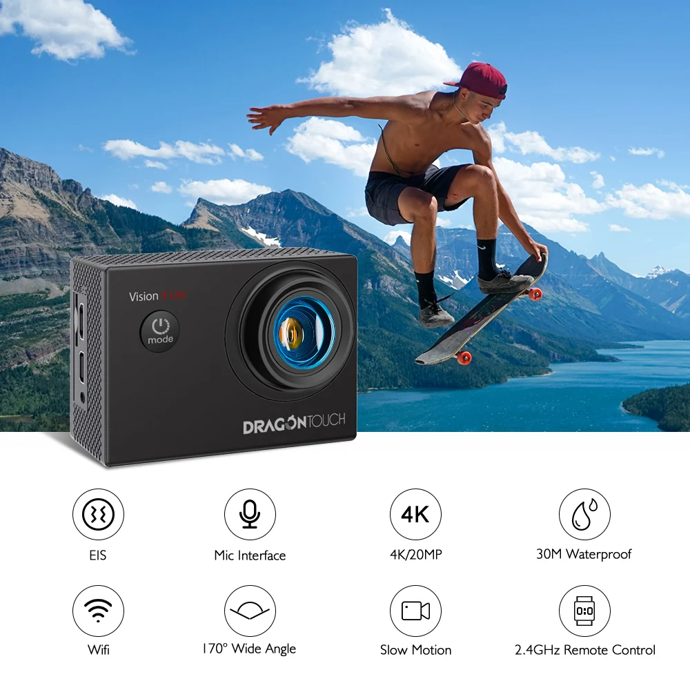 DragonTouch 4K HD экшн Камера видение 4 Lite подводный Водонепроницаемый камера с Wi Fi пульт