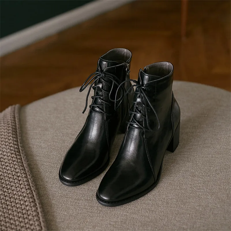 

Meotina Natural Genuine Leather High Heel Women Boots Round Toe Lace Up Ankle Boots Thick Heels Zipper Short Boots Lady Shoes 42