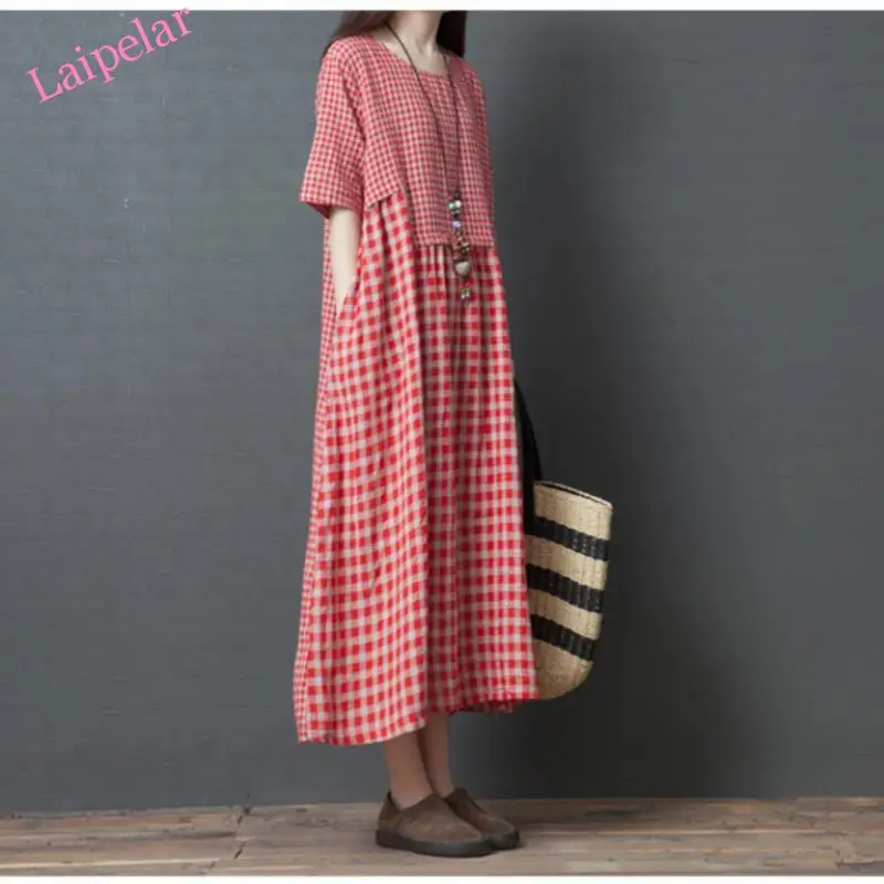 

Women's Spring And Summer Loose Large Size Women's Dress Fashion Comfortable Cotton Plaid Dress 2020 New