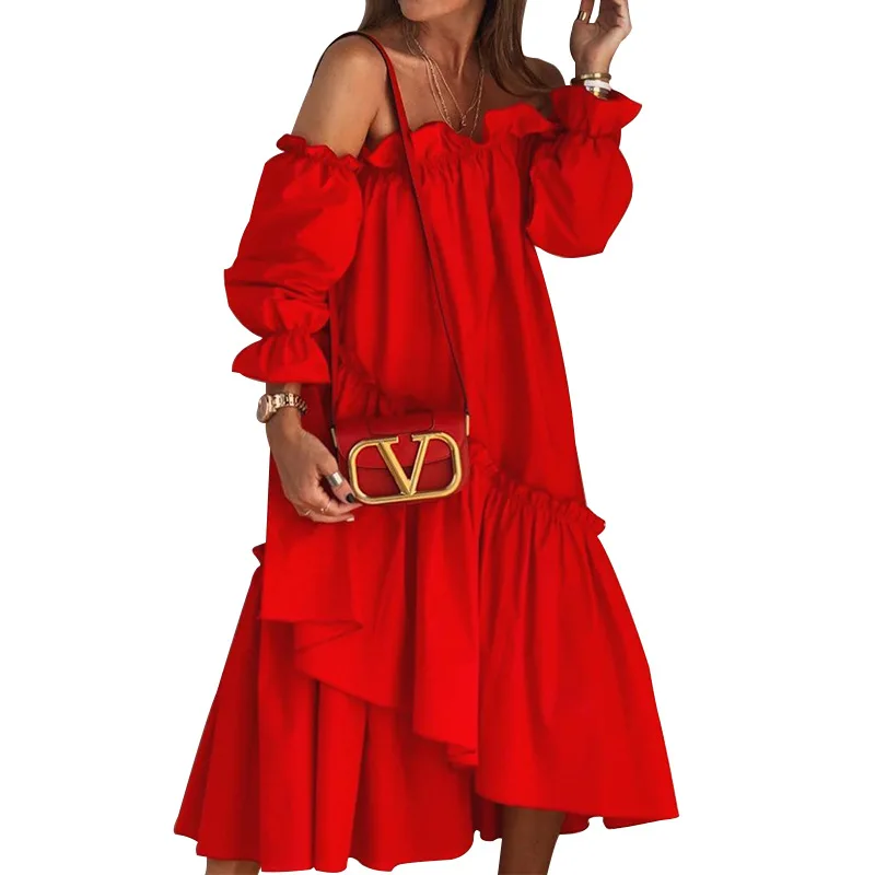 

BAMBOOBOY Women's Elegant Sexy Slash Neck Off the Shoulder Irregular Loose Red Dress Casual Party Holiday Vestidos FD106