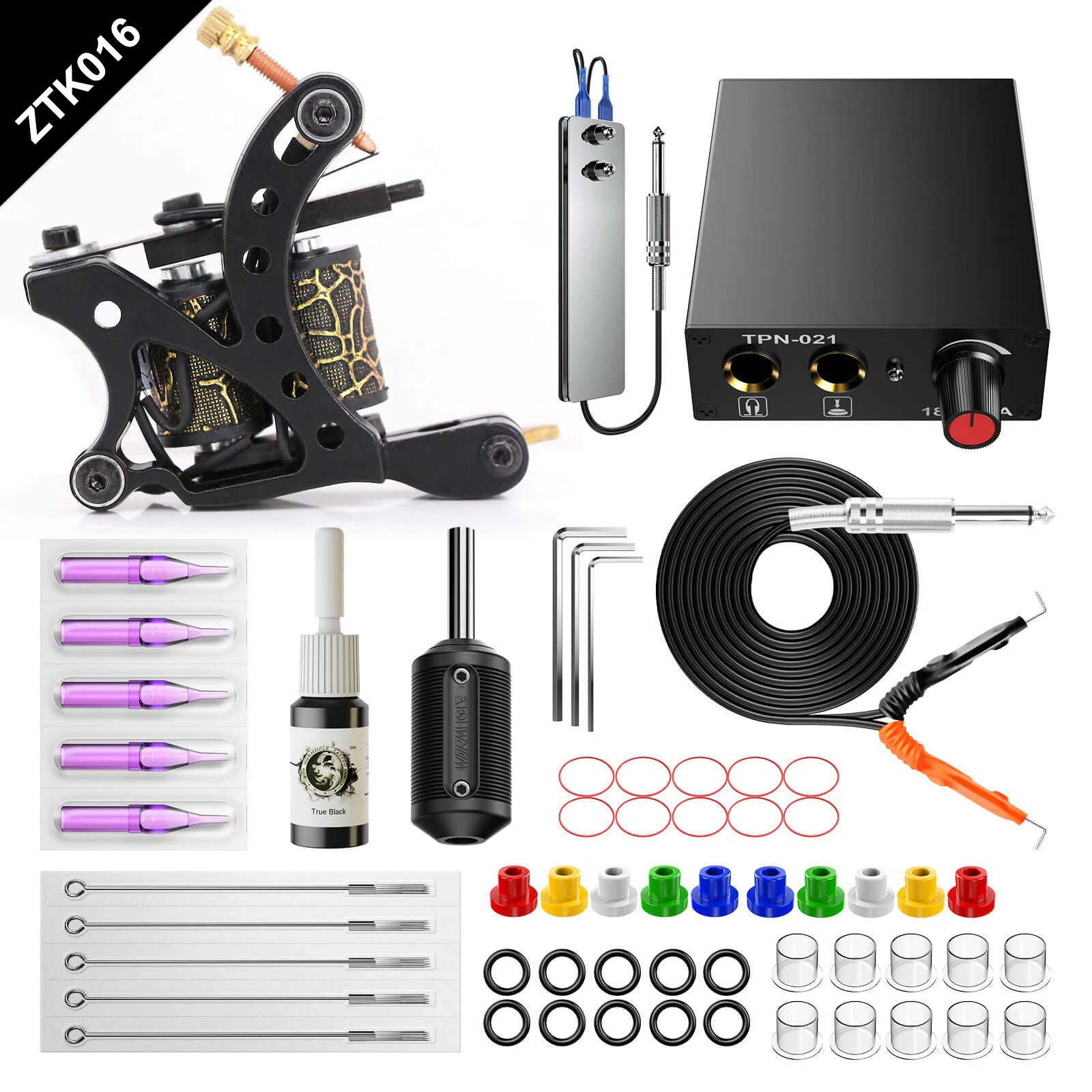 

Solong Tattoo Complete Beginner Tattoo Set: 2 Professional Machines, 14 Ink Power Supply, Foot Pedal, Needles, Grips, TK212 Tips