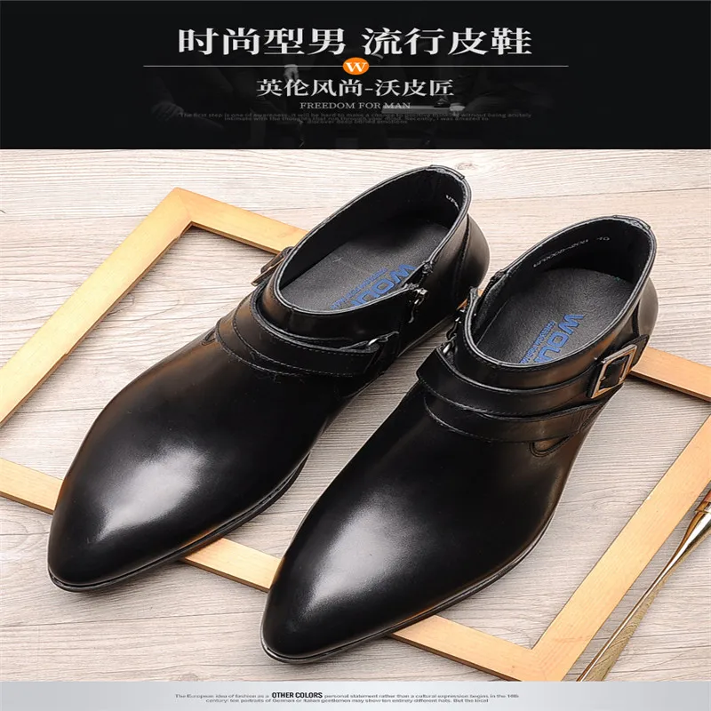 Мужские ботинки на молнии с пряжкой из воловьей кожи острым носком и высоким