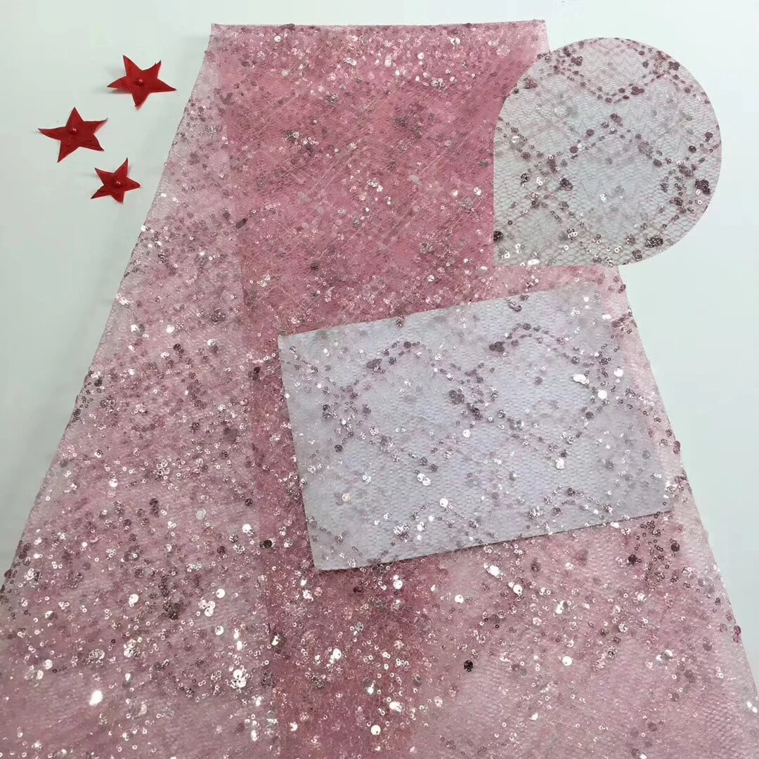 

2020 Latest pink sequins lace fabric French Nigerian Lace Fabric High Quality sequins African Lace Fabric For Wedding KFJ20114