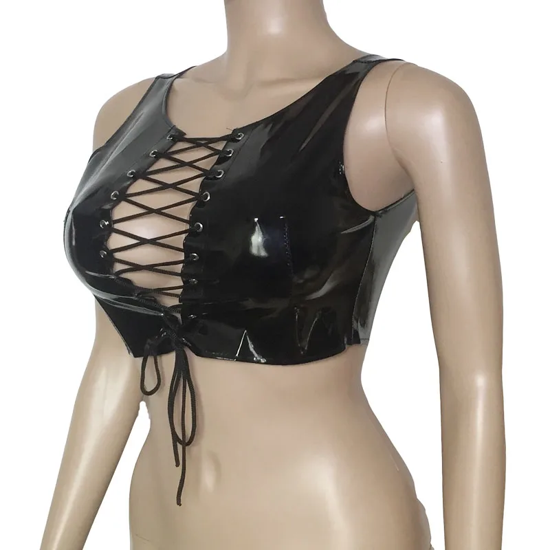 Сексуальный женский топ из лакированной кожи с открытой передней частью кроп