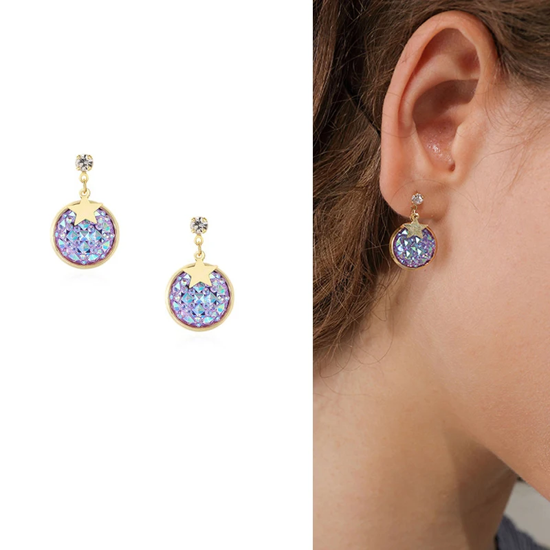 Simple Rhombic Star Resin Round Disc Clip Earrings Women Shinny Bright Purple Stone Clip on Earrings No Pierced Hole
