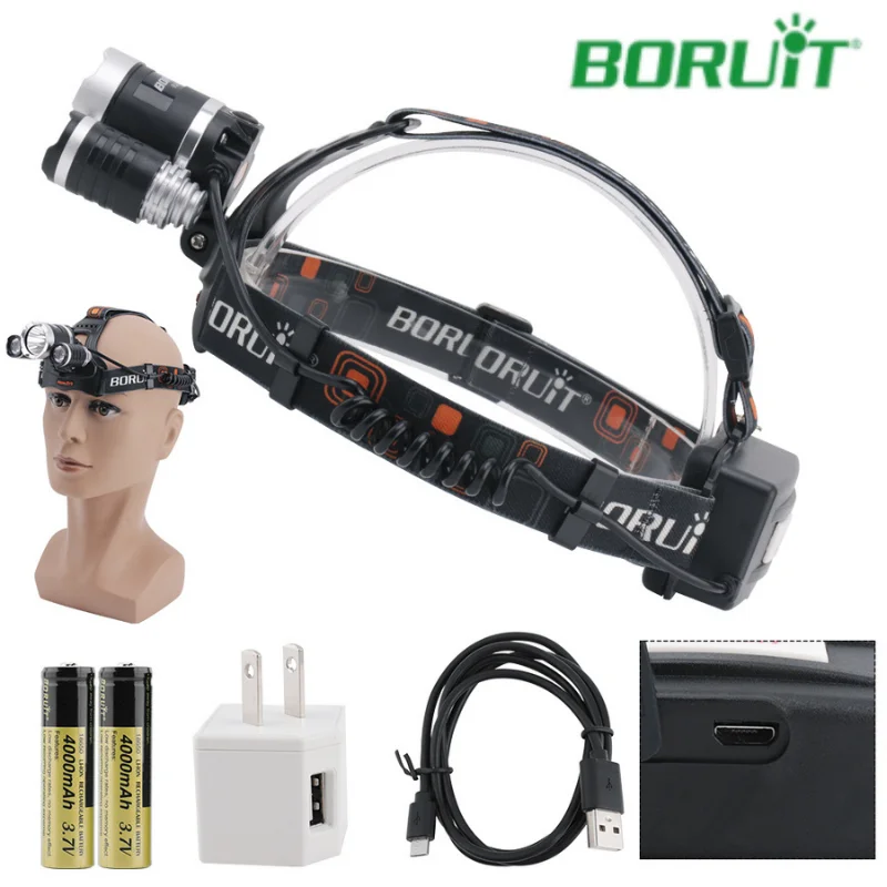 

Фонарь налобный BORUIT, водонепроницаемый, IPX5, с питанием от 2 батарей 18650