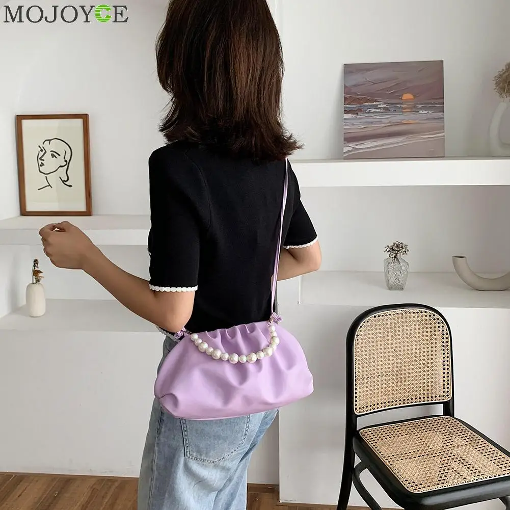 Portable Women Pearl Handbag Tote PU Leather Lady Solid Color Cloud Shoulder Bag Youth Ladies Simple Versatile | Багаж и сумки