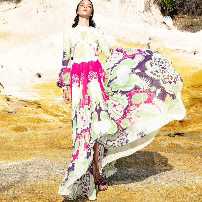 

2021 Spring Summer Elegant Party Dress Runway Fashion Long Sleeve Flower Print Contrast Color Beach Maxi Pleated Dress