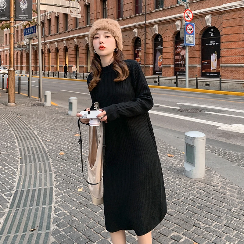 

Knitted dress women's fall/winter mid-length half-high collar inner base clothing over the knee sweater dress