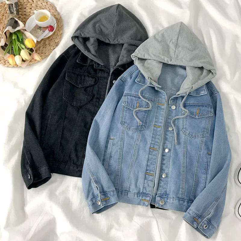 Осеннее джинсовое пальто в стиле бойфренда с капюшоном со съемной шляпой куртки