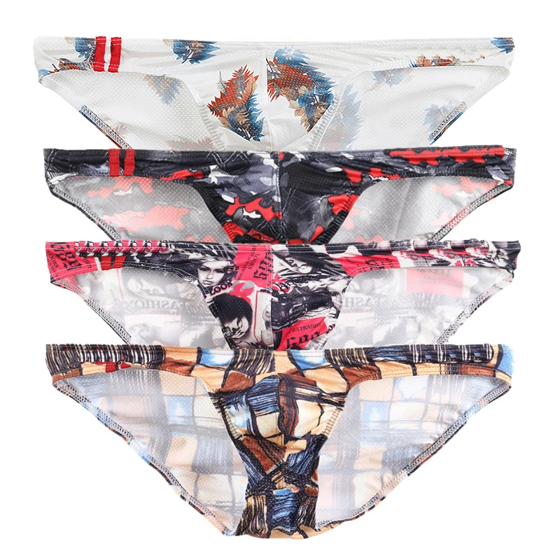 

4PCS/Lots Sexy Men Briefs Bugle Pouch Mesh Underwear Cueca Slip Homme Printed Underpant Panties Quick Dry Bikini Tanga Plus Size