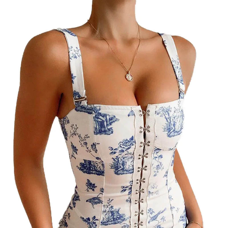 

Women Dress2021 Spring And Summer New Women's Stand Alone Station Printed Blue Porcelain Sleeveless Cardigan Buckled Sling Skirt