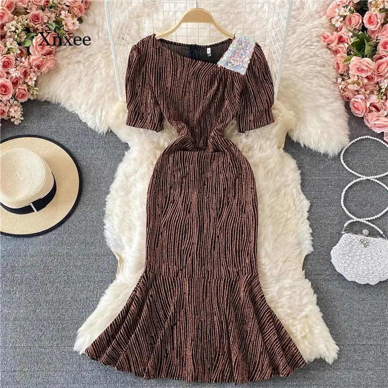 

Sequin Midi Mermaid Dress Party Women Summer Skew Collar Short Sleeve High Waist Vintage Vestidos Female slim clothing outfits