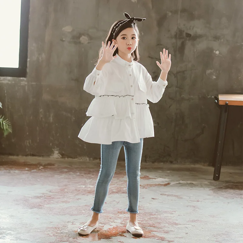 

Back To School Clothing Teenage Girls Blouse Shirts Tops Ruffles Baby Kids Children Long Sleeve Shirt Girl White Black Cotton