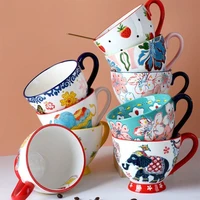 cute hand painted breakfast cup cartoon flowers pattern milk oat coffee mug underglaze pottery cups for home