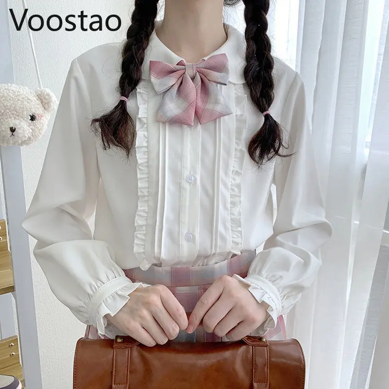 

Sweet Lolita Стиль блузки для женщин Kawaii, с воротником в стиле «Питер Пэн» Футболки JK японский милое платье с длинными рукавами и оборками для дев...