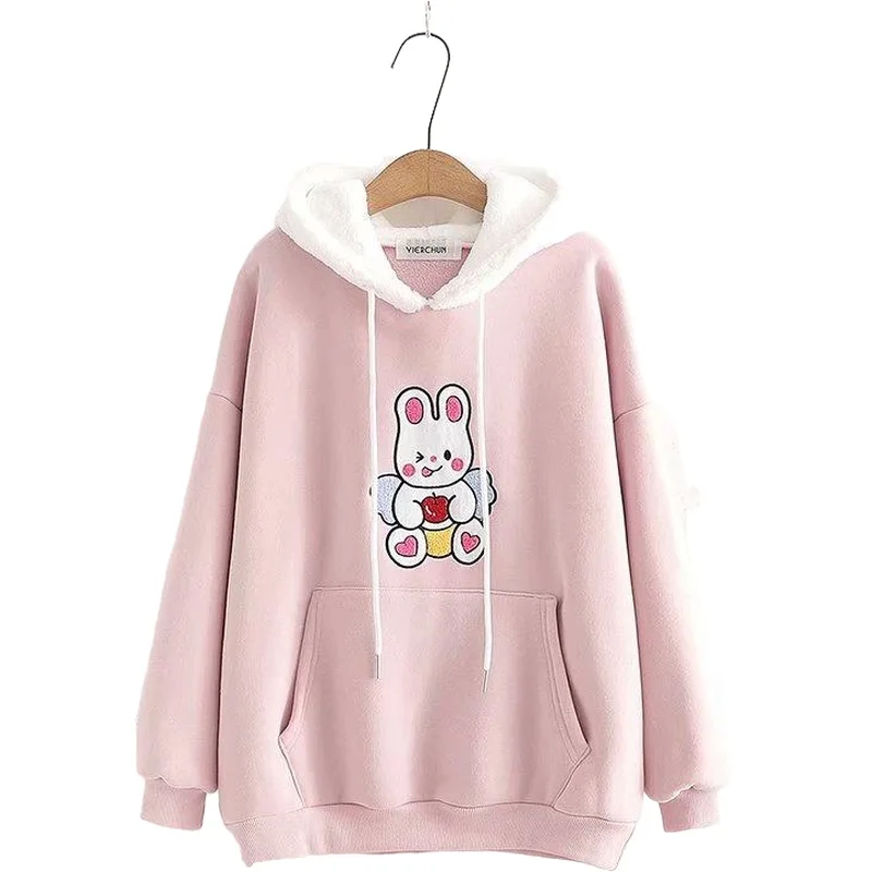 Winter Mori Girl Style Sweet Rabbit Embroidery Hooded Kawaii Fleece Sweatshirt Women Loose Student Thick Hoodies 2011812