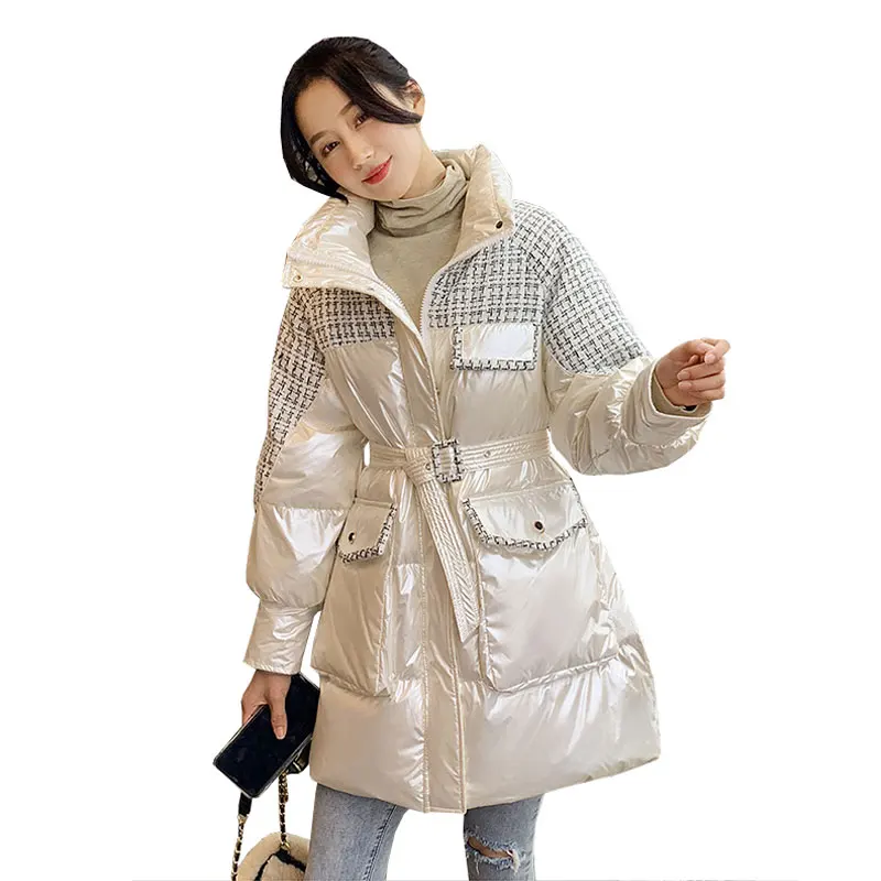 

Glossy Plaid Stitching Black Puffer Jacket Women's Winter Quilted Coat 2021 Down Jacket Long Women Large Size Elegant Parkas