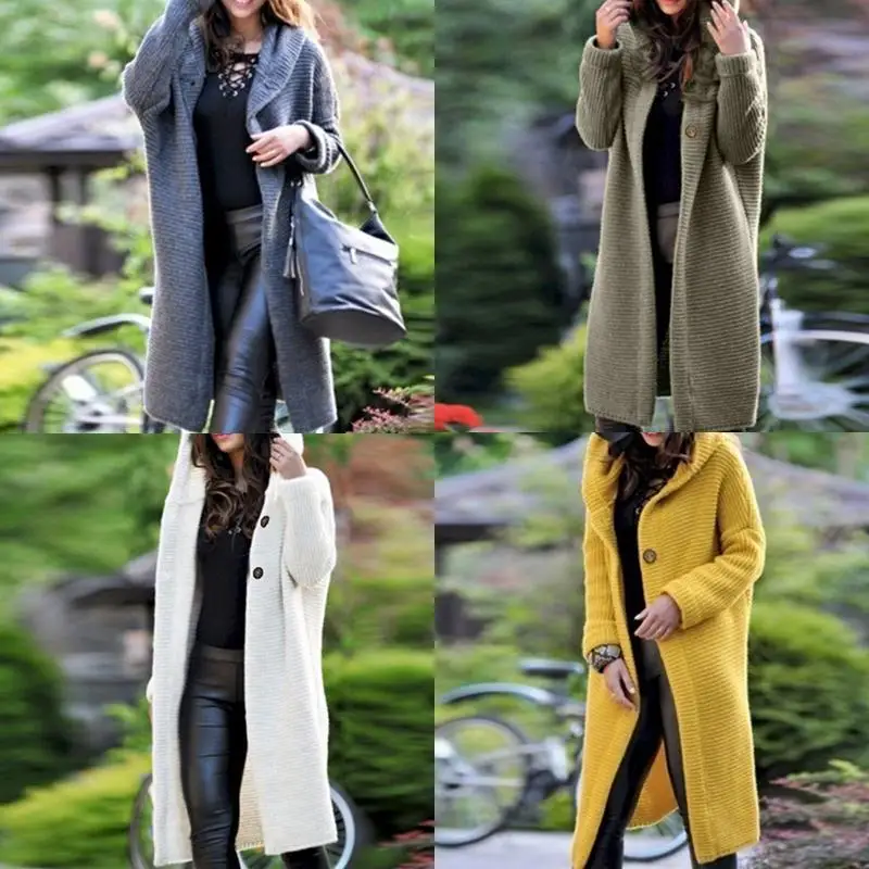 Женское длинное зимнее трикотажное пальто с капюшоном| |