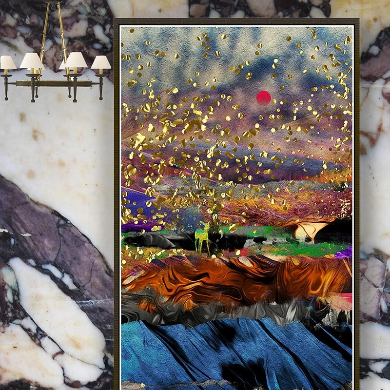 

Canvas Poster Print Nordic Abstract Deer Geometric Mountain Sunrise Sunset Forest Landscape Golden Decor for Living Room 2-53