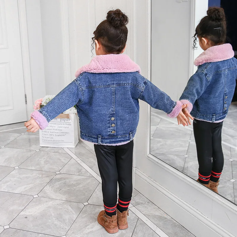 Children's Denim Jacket Girls Winter Fur Collar Plus Velvet Coats Big Kids Fashion Warm Outwear | Детская одежда и обувь