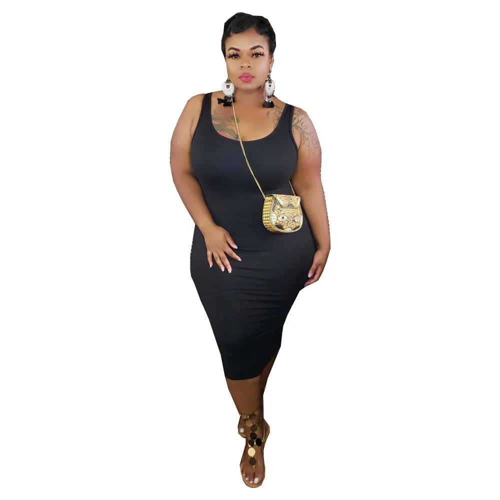 

Cutubly Solid Skinny Backless Dresses Plus Size XL-5XL Summer Dresses For Women Casual Lady Square Collar Sleeveless Midi Dress