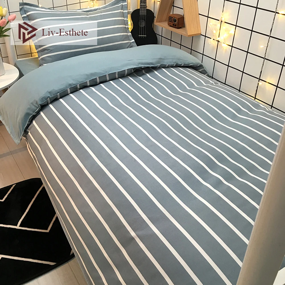 

Liv-Esthete Bedding Set Blue Stripe Duvet Cover Home Decor Child Adult Single Double Size Bedclothes Flat Sheet Bedcothes