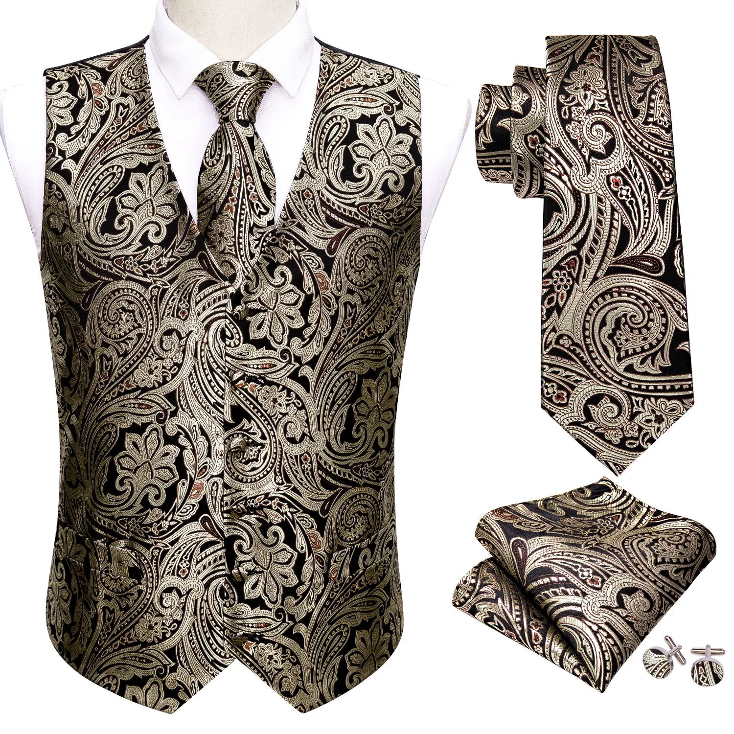 

Gold Mens Luxury Brocade Paisley Floral Suit Vest Set Silk Tie Waistcoat Set Men Clothes Barry.Wang Fashion Designer M-2039