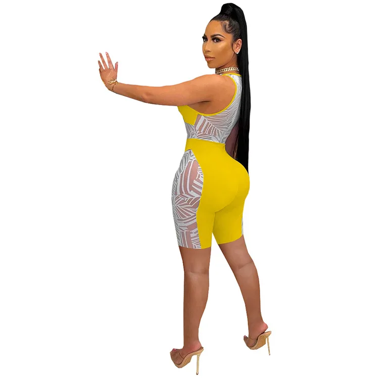

Contrast Colors Sleeveless Women Skinny Summer Jumpsuits 2021 Stripes Printing Hollow Out Fashion Women Short Rompers