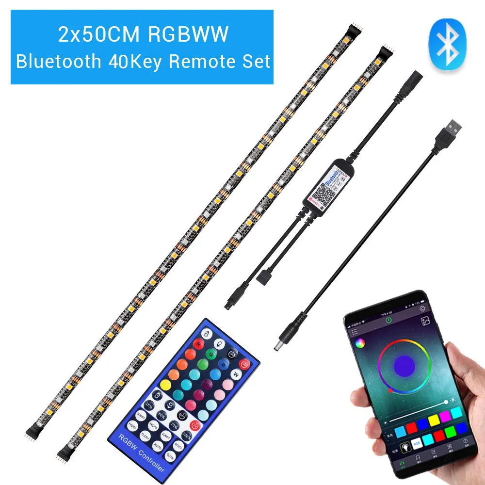 2x50CM RGBWW 40Key Светодиодная лента RGB 5050 с питанием от USB, 20Key, светодиодный музыкальный контроллер RGBW, Bluetooth, 40Key, светодиодная Диодная лента для телевизора, компьютера, подсветка - Испускаемый цвет: 2x50CM RGBWW 40Key