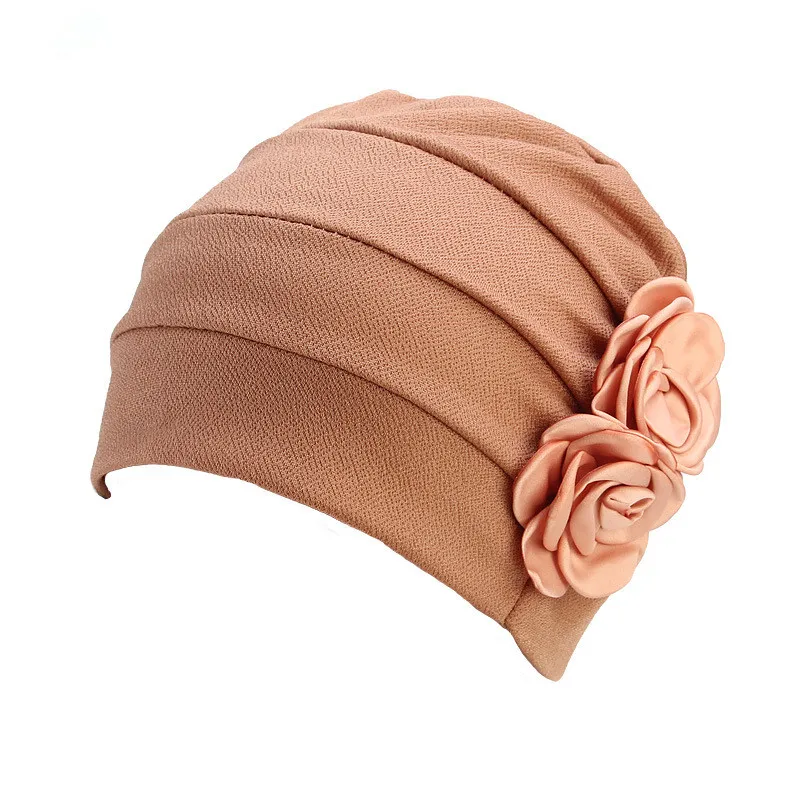 

solid color two flowers Stretch Turban Ruffle Hair Hats Beanie Bandanas Scarf Head Wrap Headwear for Women 55