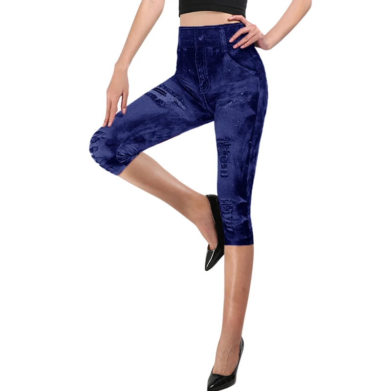 dark blue-2 Sfit женские леггинсы для спортзала, искусственная лосины из джинсовой ткани, леггинсы с карманами и принтом, повседневные узкие брюки с высокой талией, большие размеры, штаны для йоги - Цвет: dark blue-2